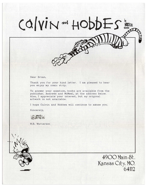 Bill Watterson Letter Signed on ''Calvin and Hobbes'' Stationery From 1988 -- With PSA/DNA COA